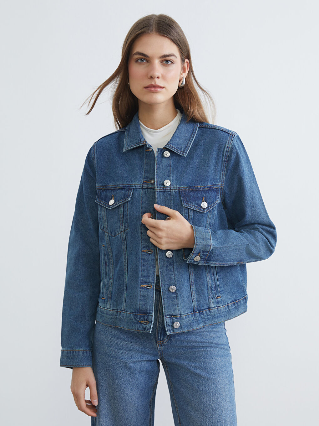 İndigo Gömlek Yaka Kadın Jean Ceket