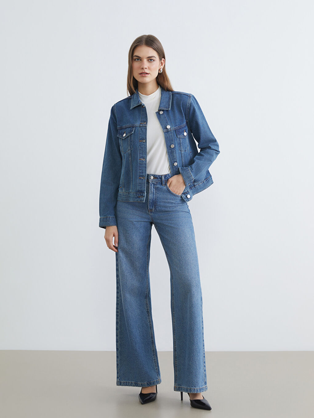 İndigo Gömlek Yaka Kadın Jean Ceket-2