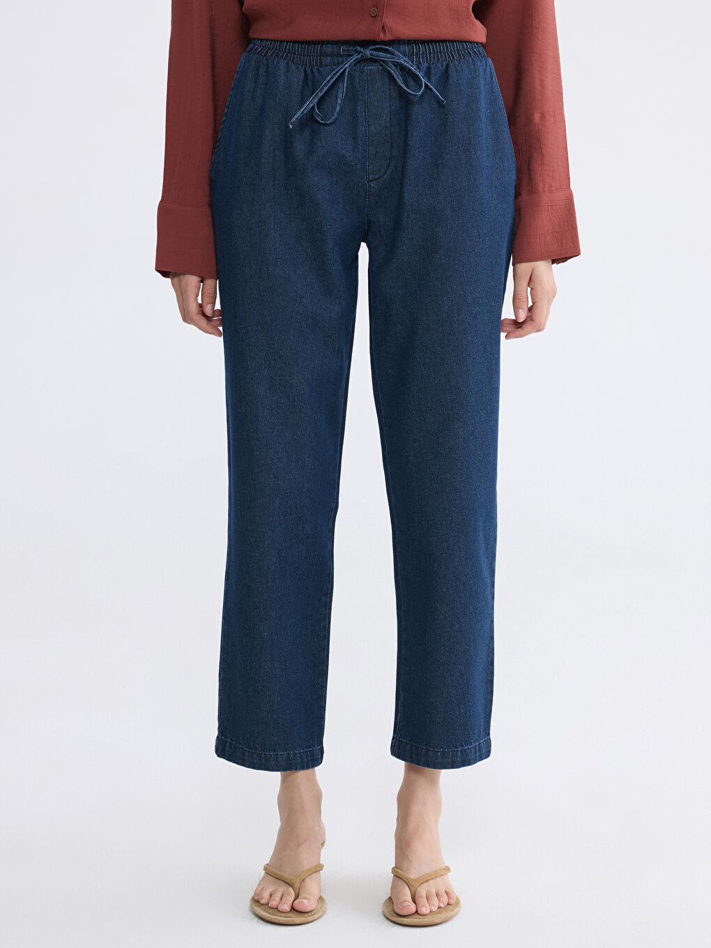 İndigo Beli Lastikli Carrot Fit Kadın Jean Pantolon-1