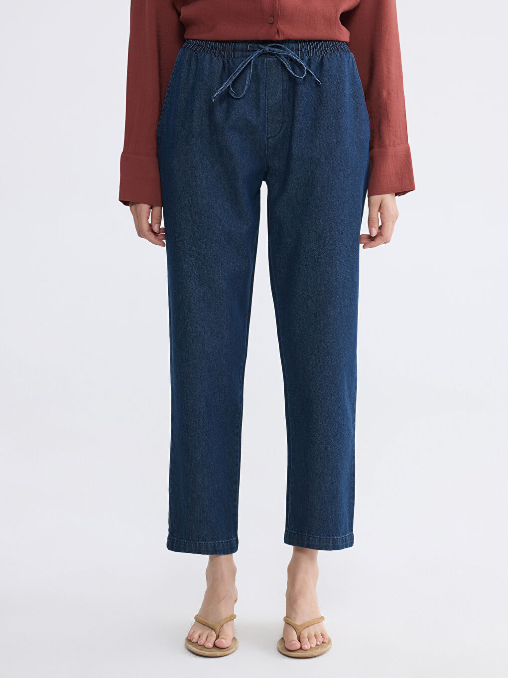 İndigo Beli Lastikli Carrot Fit Kadın Jean Pantolon-1