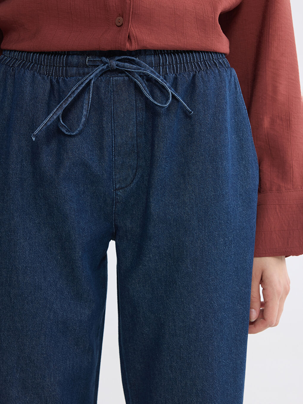 İndigo Beli Lastikli Carrot Fit Kadın Jean Pantolon-2