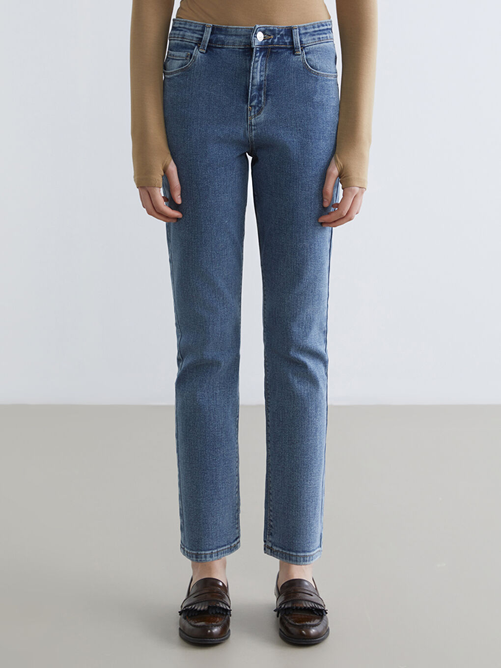 İndigo Yüksek Bel Slim Fit Kadın Jean Pantolon-1