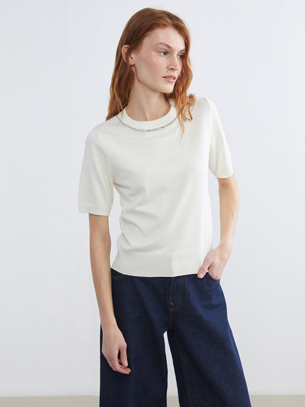 Women's Jewel-Embellished Crew Neck Knit Sweater