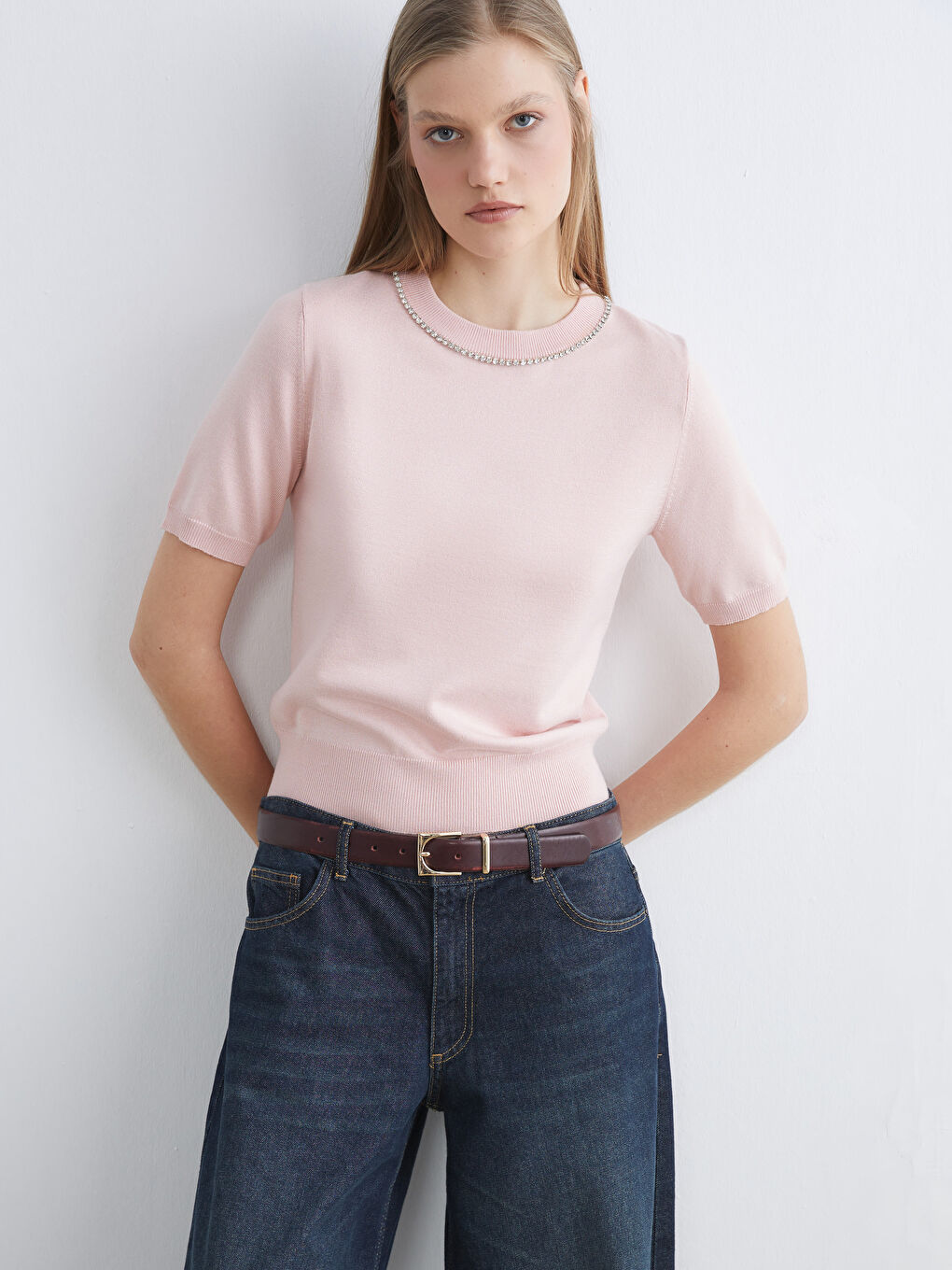 Crew Neck Embellished Knit Sweater