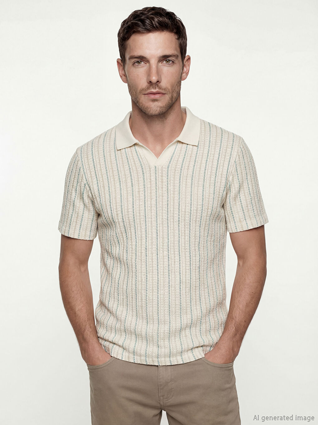 Ekru Polo Yaka Çizgili Erkek Tişört