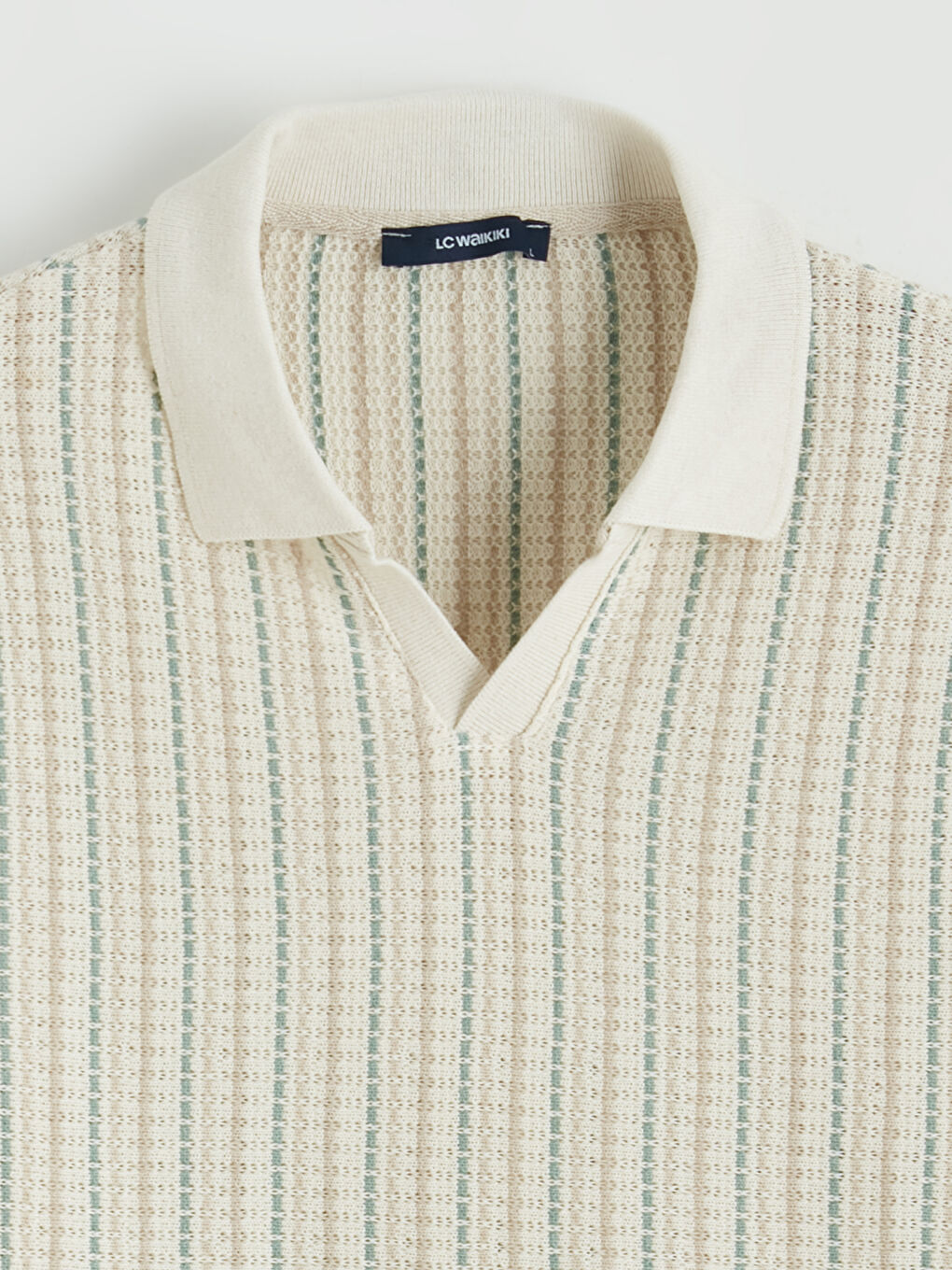 Ekru Polo Yaka Çizgili Erkek Tişört-4