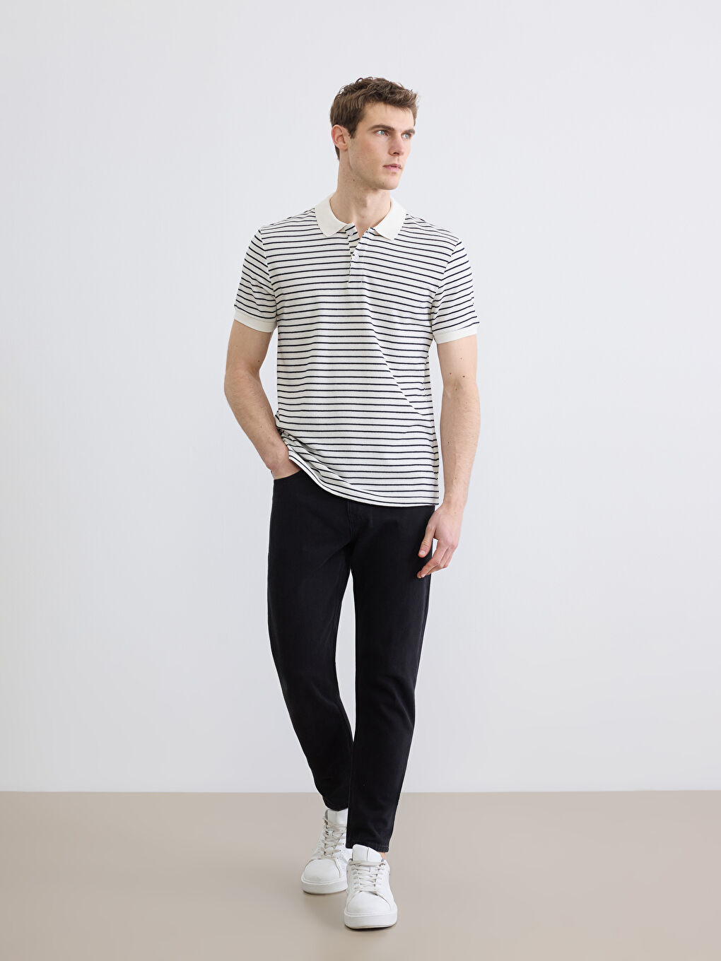 Yeşil Polo Yaka Çizgili Erkek Tişört-1