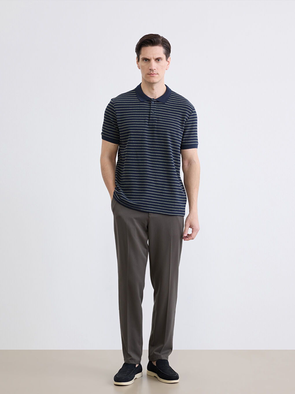 Lacivert Polo Yaka Çizgili Erkek Tişört-1