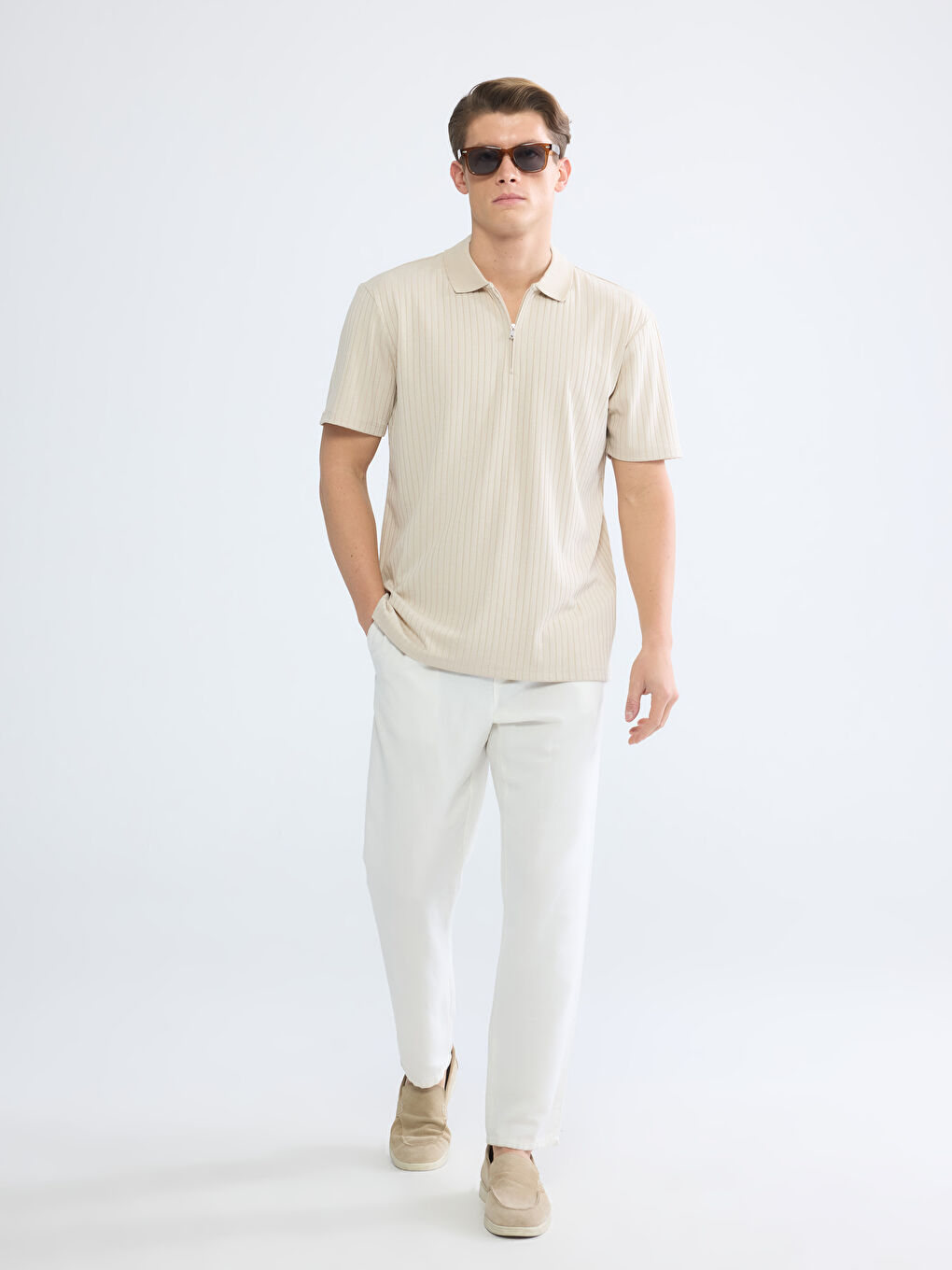 Bej Polo Yaka Çizgili Erkek Tişört-1