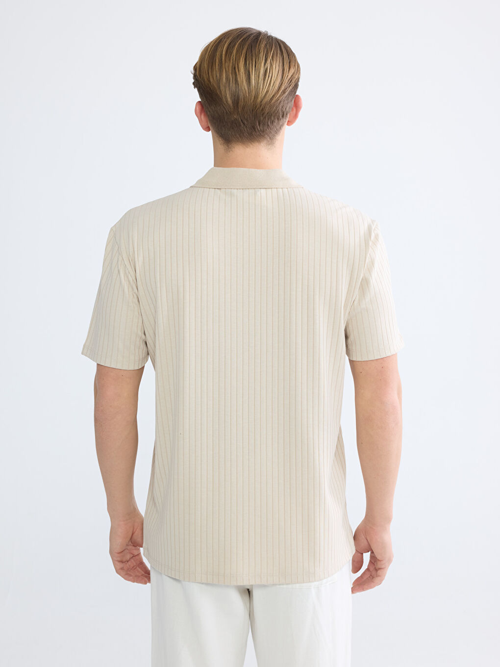 Bej Polo Yaka Çizgili Erkek Tişört-3