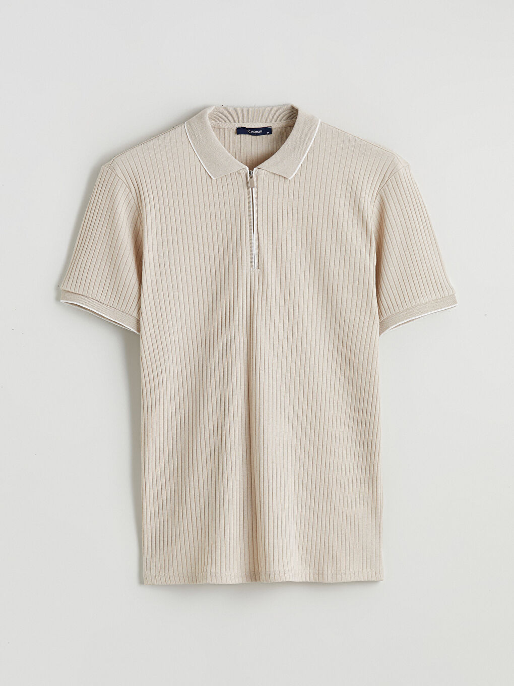 Bej Polo Yaka Çizgili Erkek Tişört-4