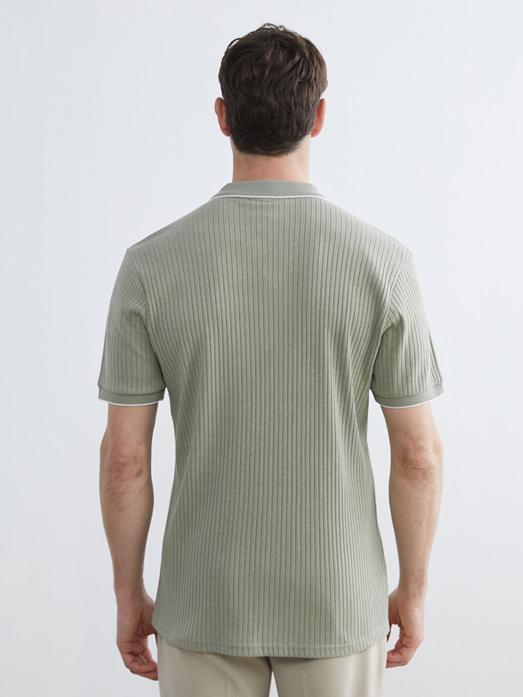 Haki Polo Yaka Çizgili Erkek Tişört-3