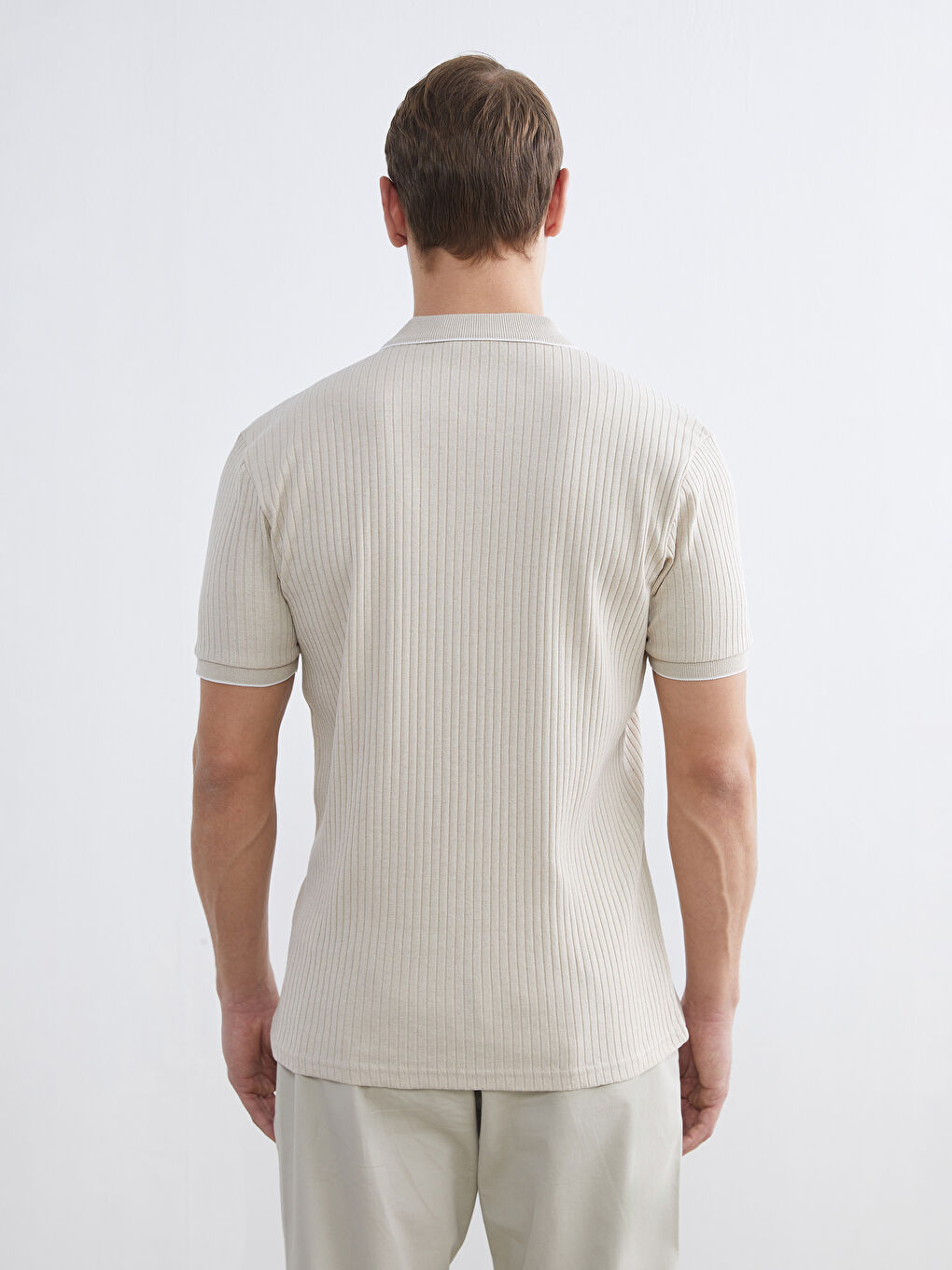 Bej Polo Yaka Çizgili Erkek Tişört-3