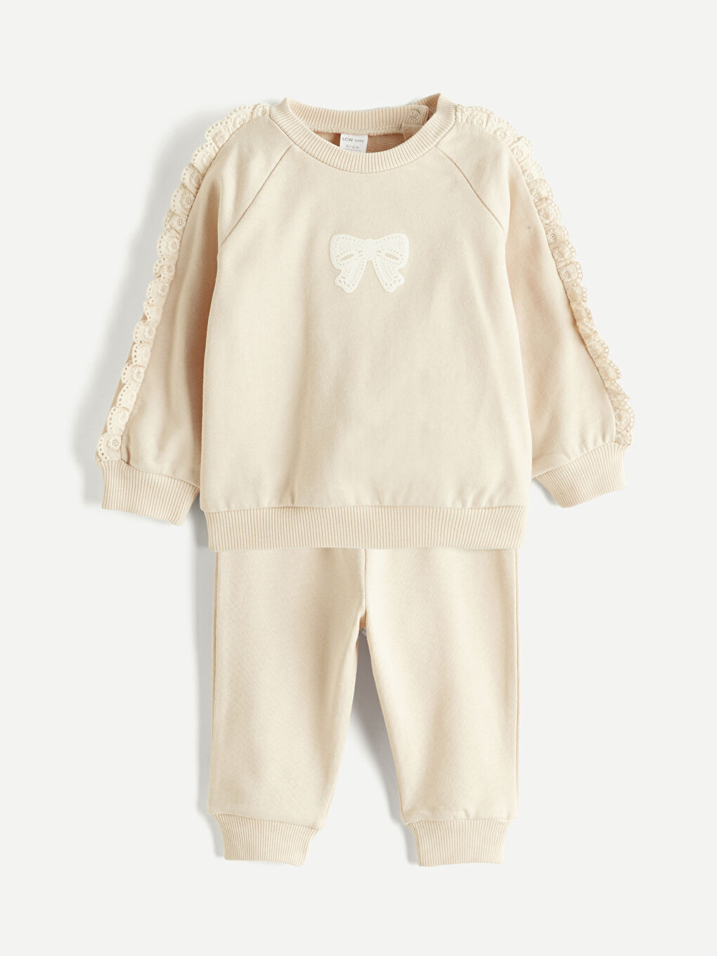 Bej Dantel Detaylı Kız Bebek Sweatshirt ve Eşofman Altı