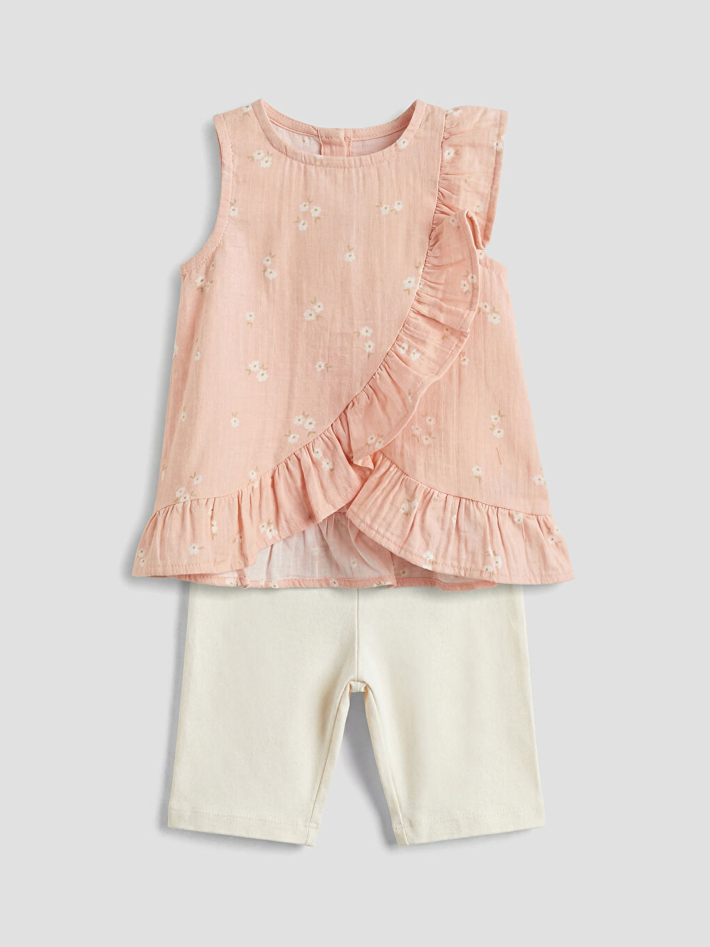 Pembe Çiçekli Volanlı Kız Bebek Şort Takım