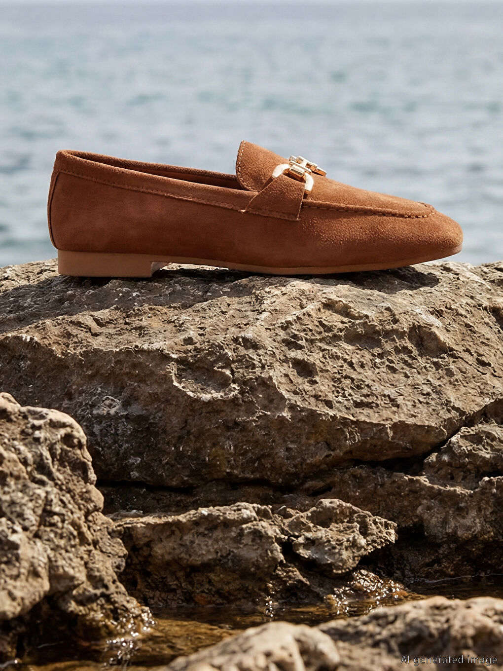 Kahverengi Süet Görünümlü Metal Aksesuarlı Kadın Loafer-1