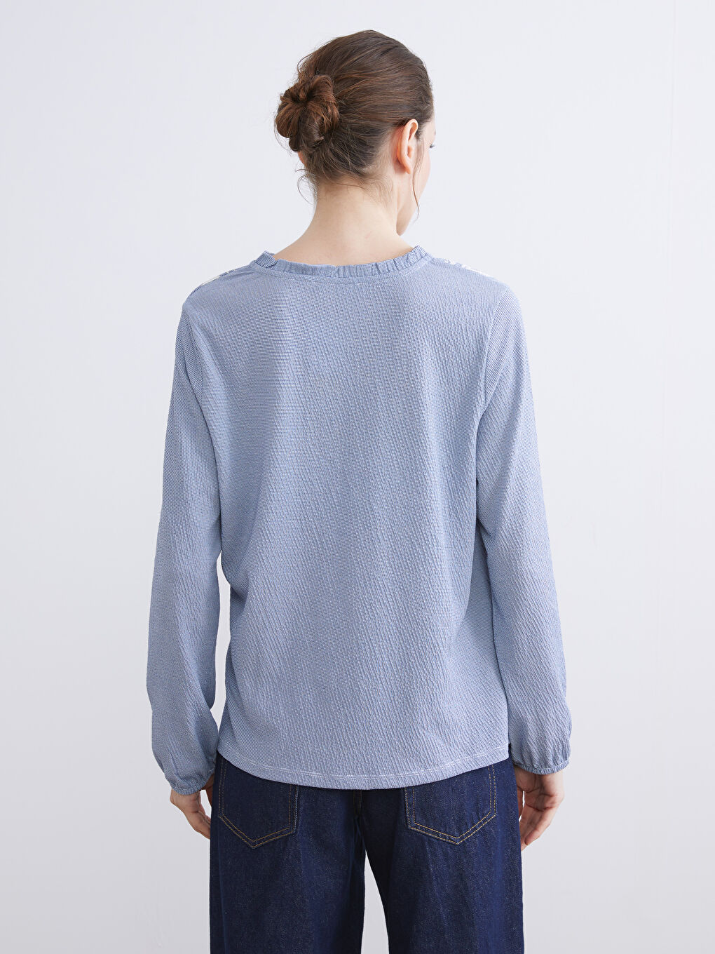 Mavi Bağlamalı Yaka Çiçekli Bluz-4