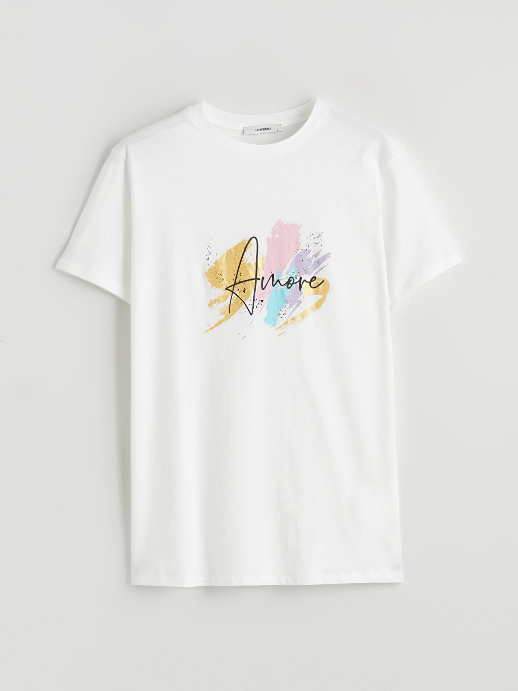 Ekru Bisiklet Yaka Baskılı Kadın Tişört-4