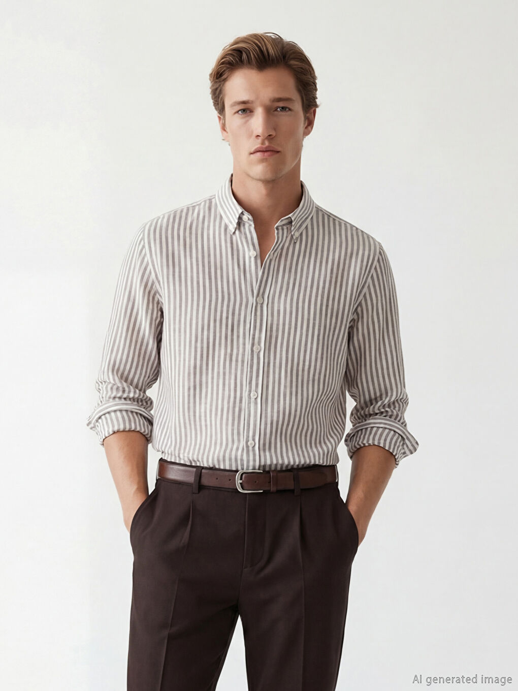 Kahverengi Regular Fit Çizgili Erkek Gömlek