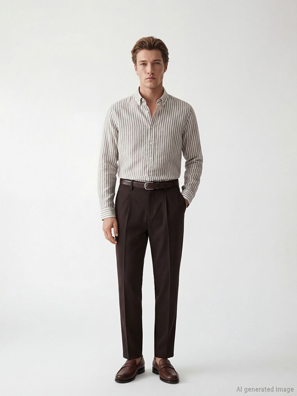 Kahverengi Regular Fit Çizgili Erkek Gömlek-1