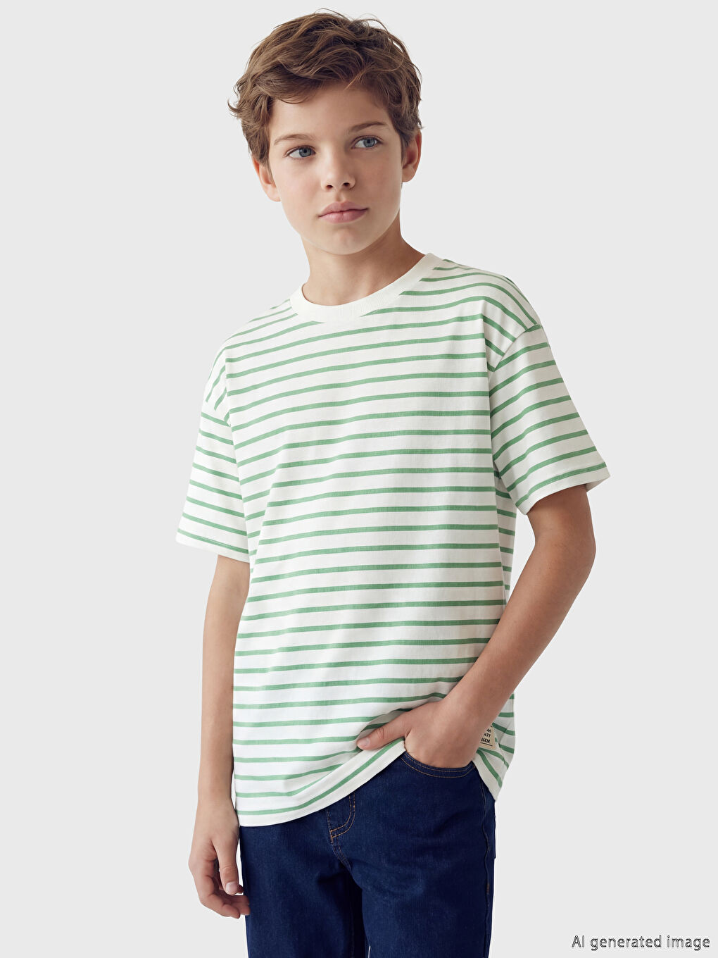 Yeşil Erkek Çocuk Bisiklet Yaka Çizgili Tişört