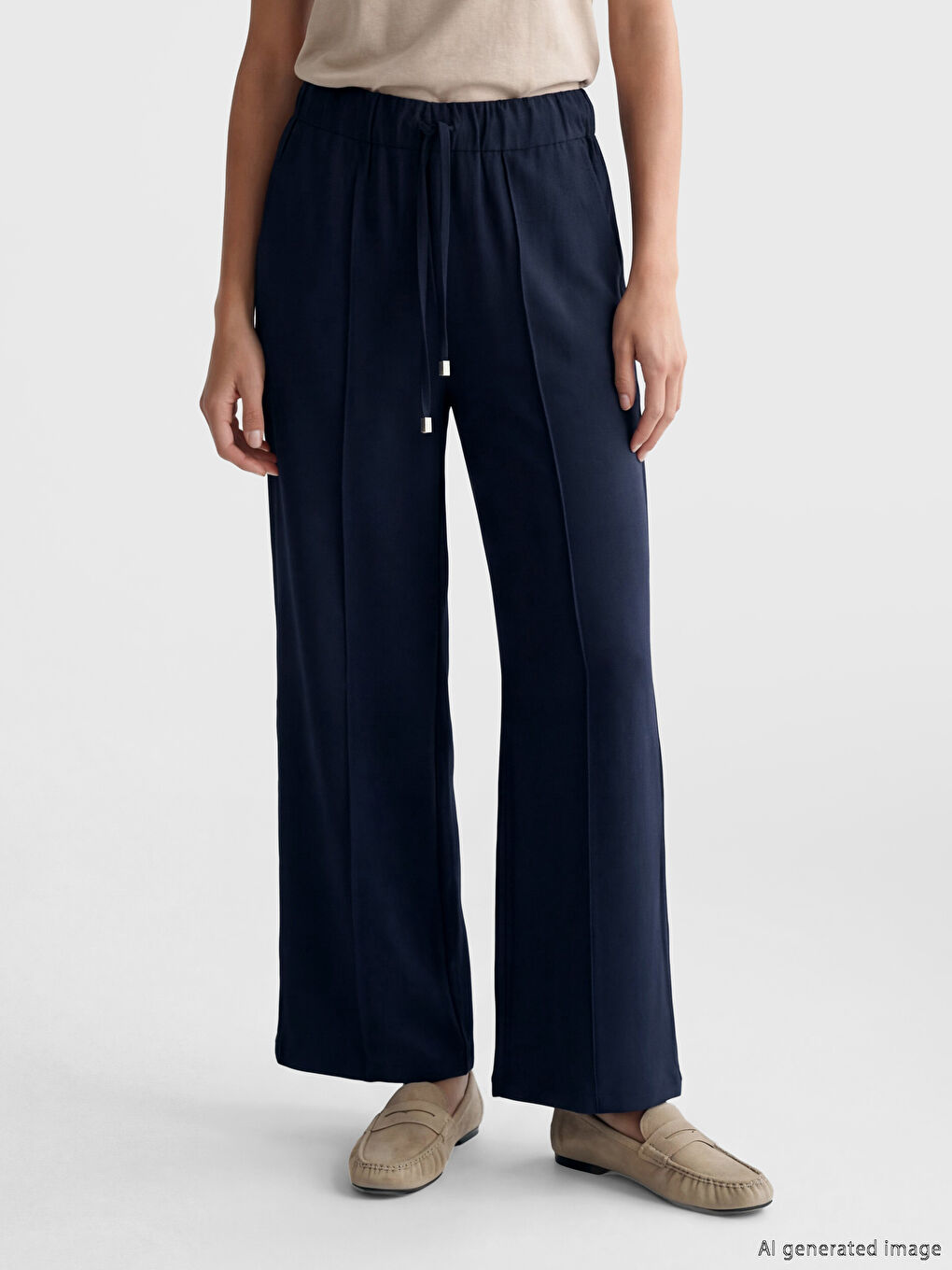 بنطلون نسائي واسع الأرجل بخصر مطاطي-1