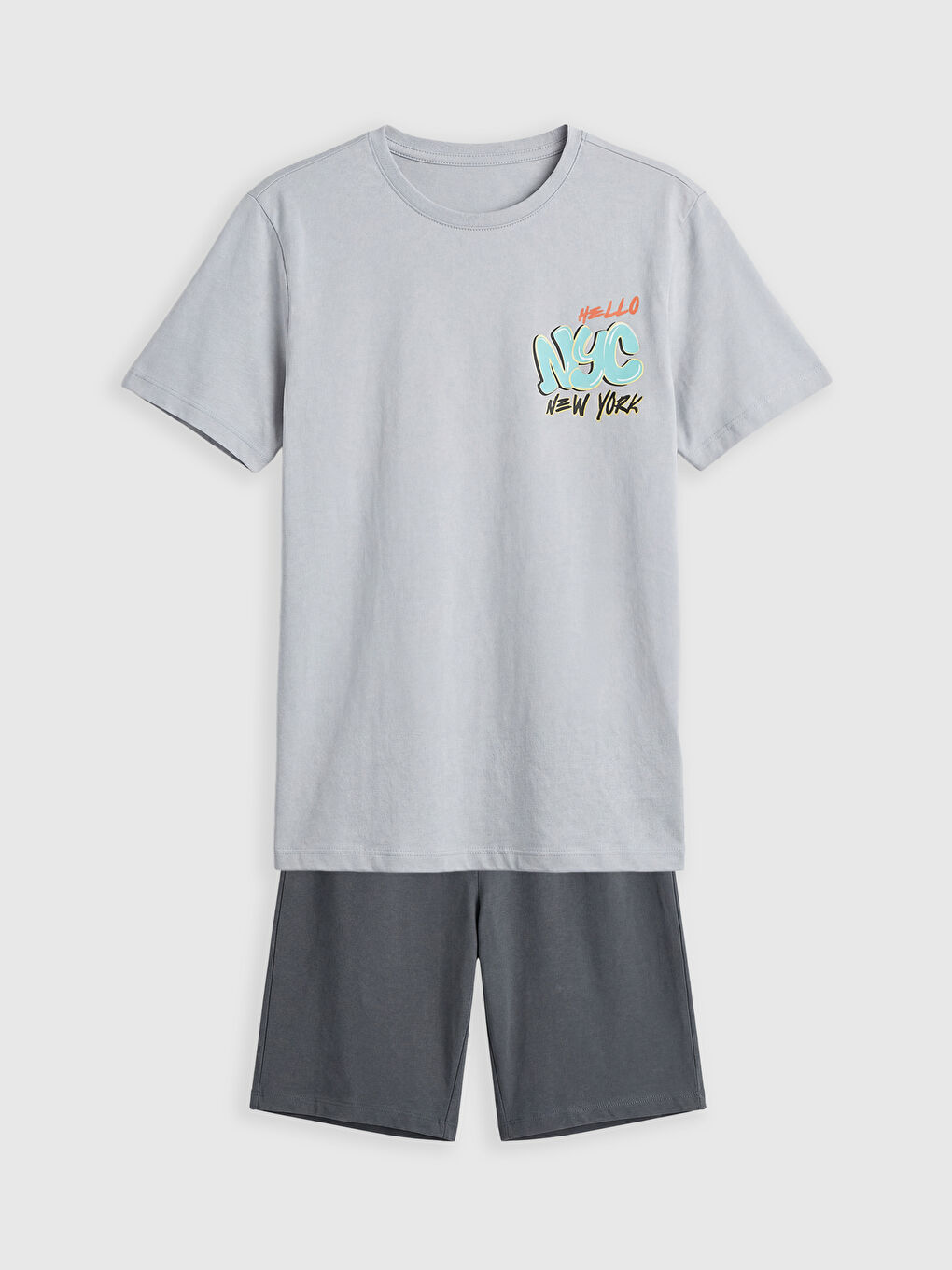 Gri New York Baskılı Erkek Çocuk Şortlu Pijama Takımı