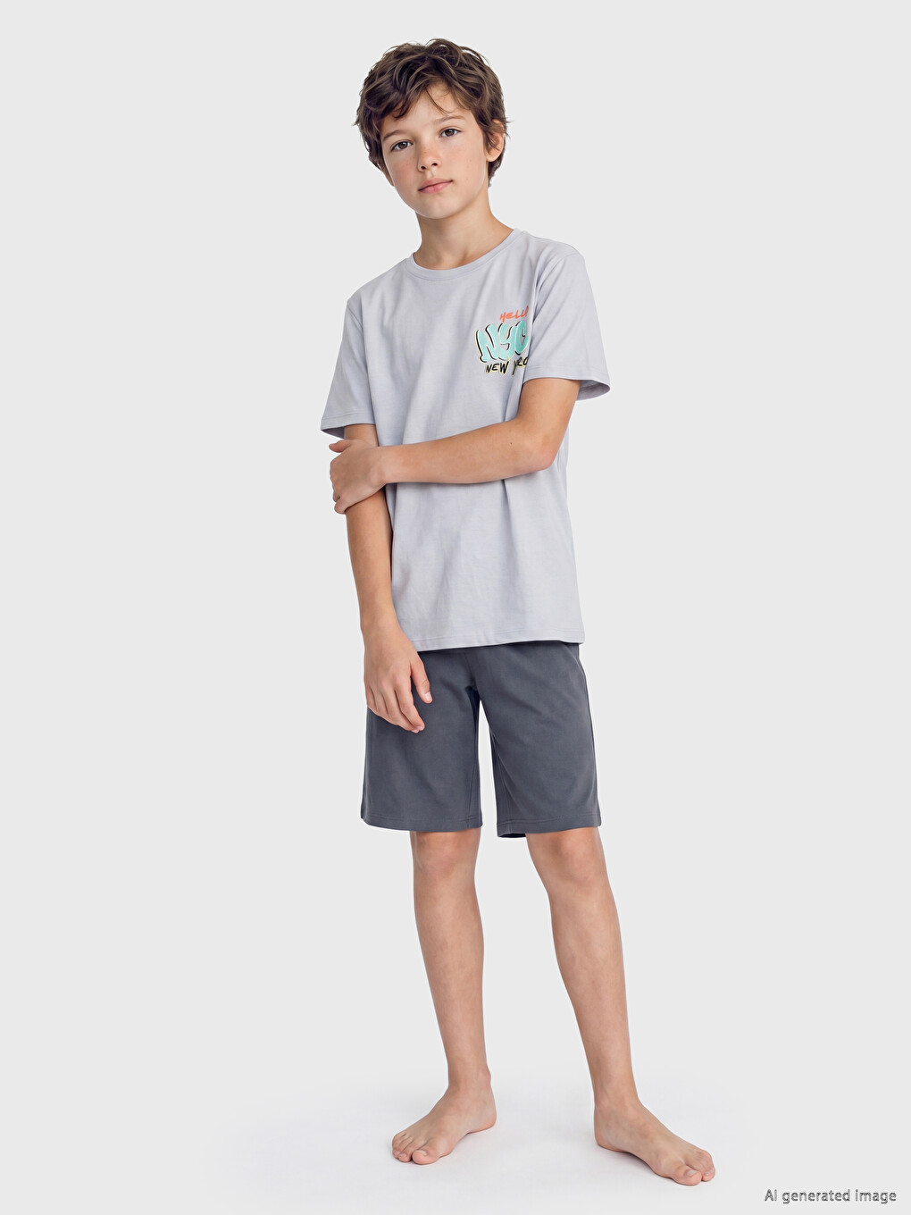 Gri New York Baskılı Erkek Çocuk Şortlu Pijama Takımı