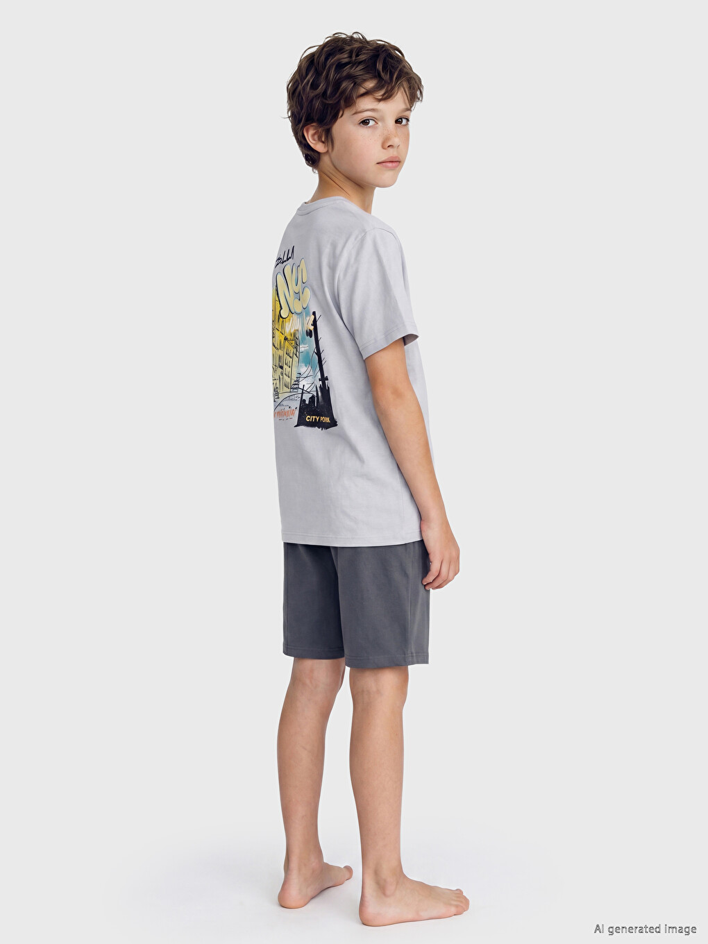 Gri New York Baskılı Erkek Çocuk Şortlu Pijama Takımı-1