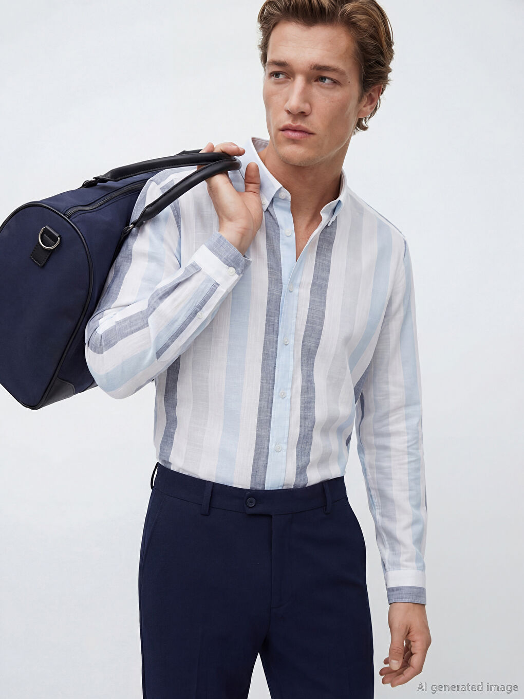 Mavi Regular Fit Çizgili Erkek Keten Gömlek