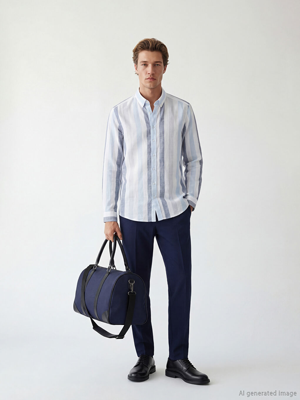 Mavi Regular Fit Çizgili Erkek Keten Gömlek-1