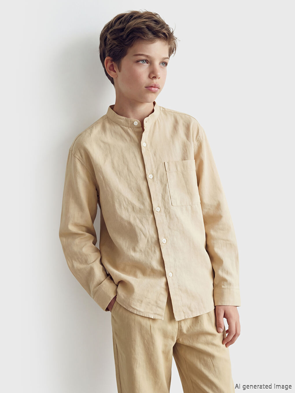 قميص للأولاد بياقة ماندارين من مزيج الكتان