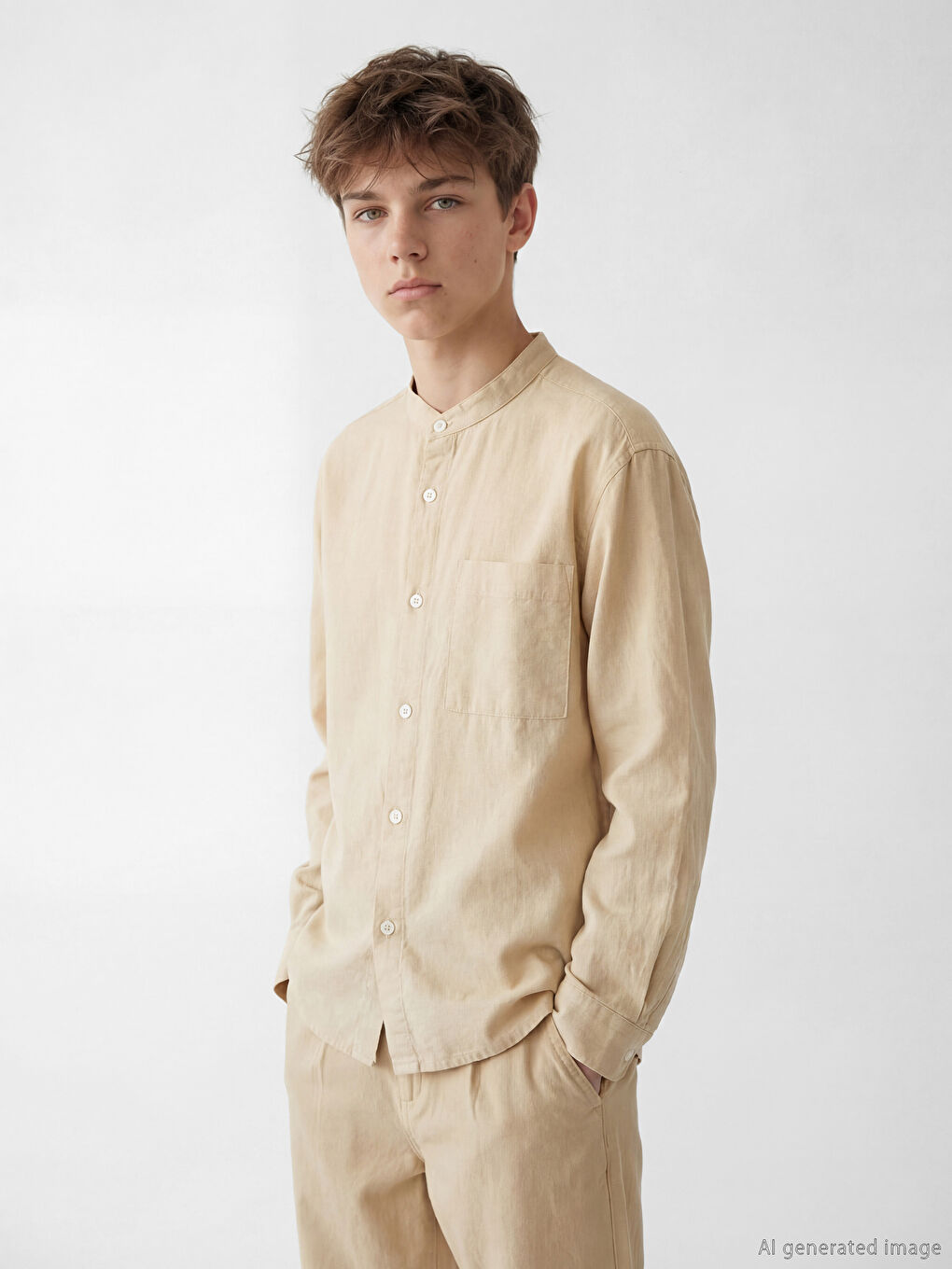 قميص للأولاد بياقة ماندارين من مزيج الكتان-2