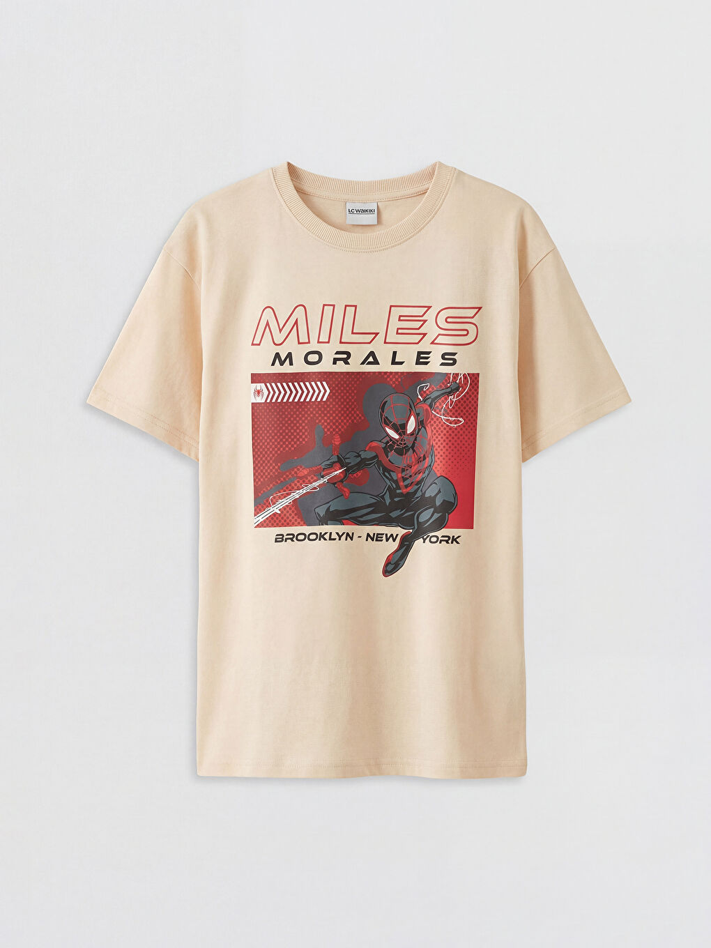 Bej Bisiklet Yaka Spider-Man Baskılı Erkek Çocuk Tişört