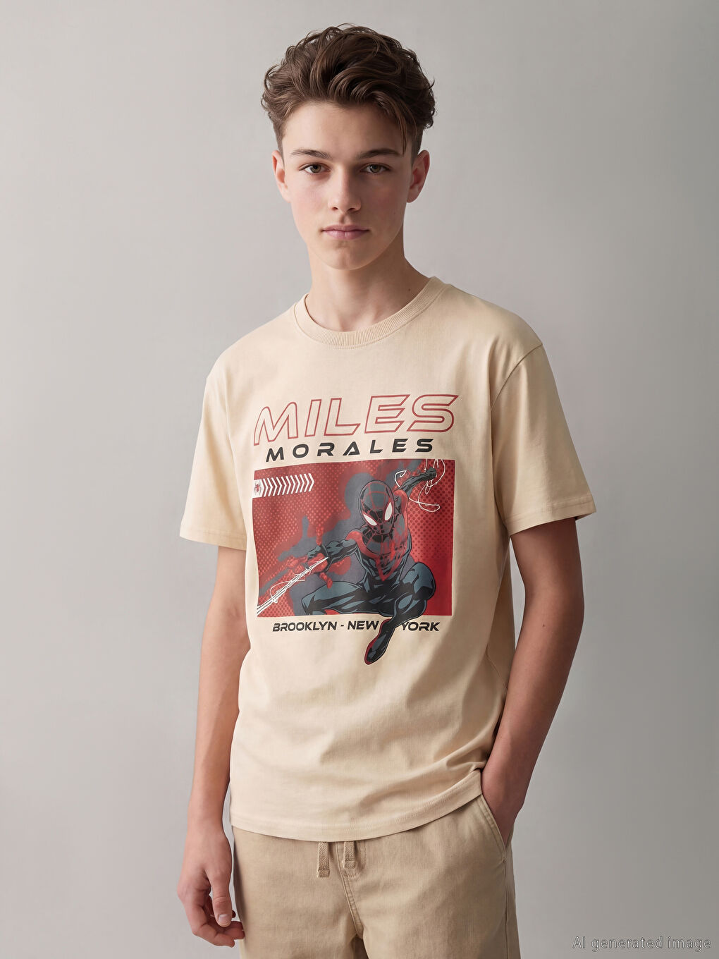 Bej Bisiklet Yaka Spider-Man Baskılı Erkek Çocuk Tişört