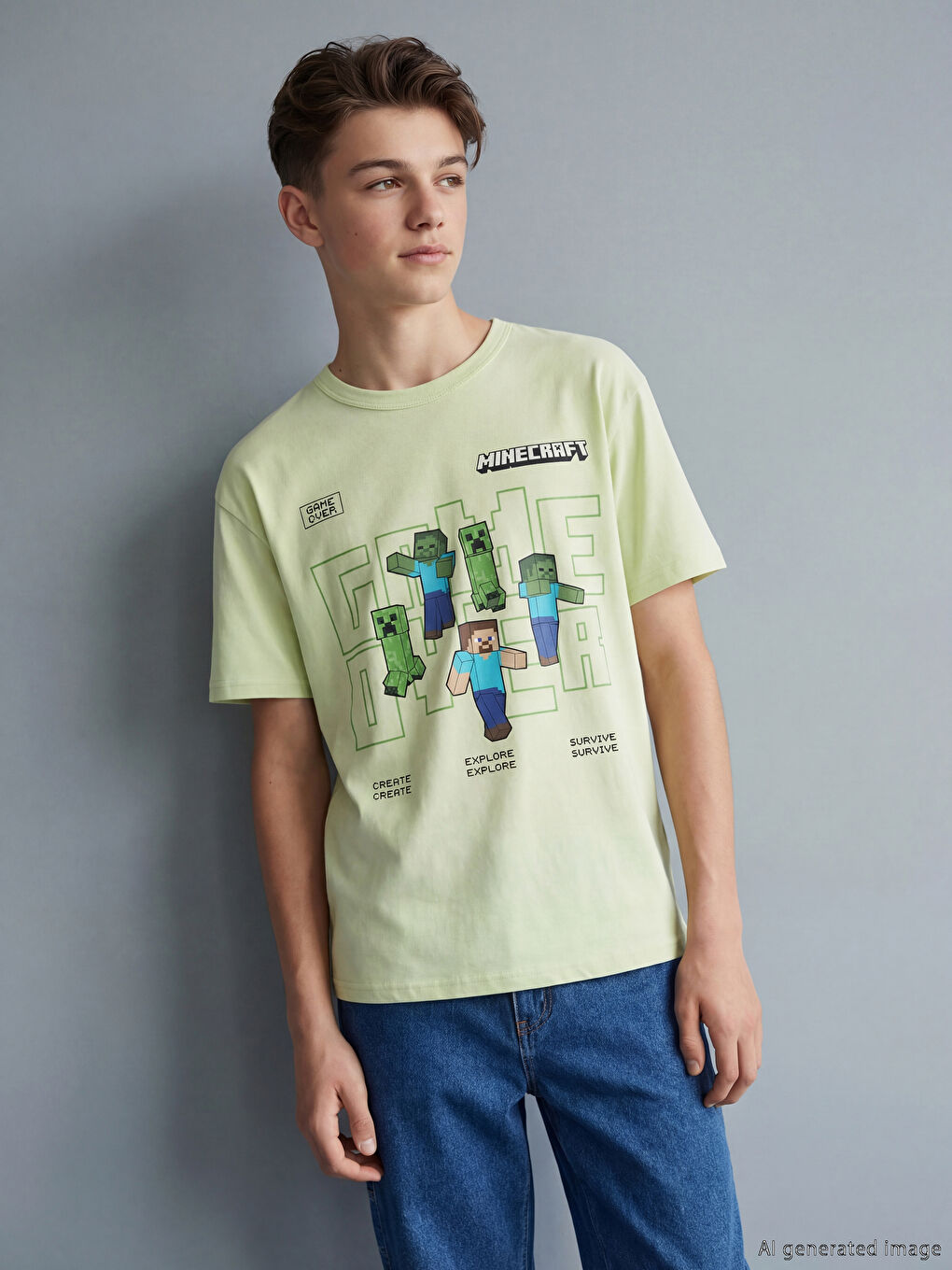 Yeşil Bisiklet Yaka Minecraft Baskılı Erkek Çocuk Tişört