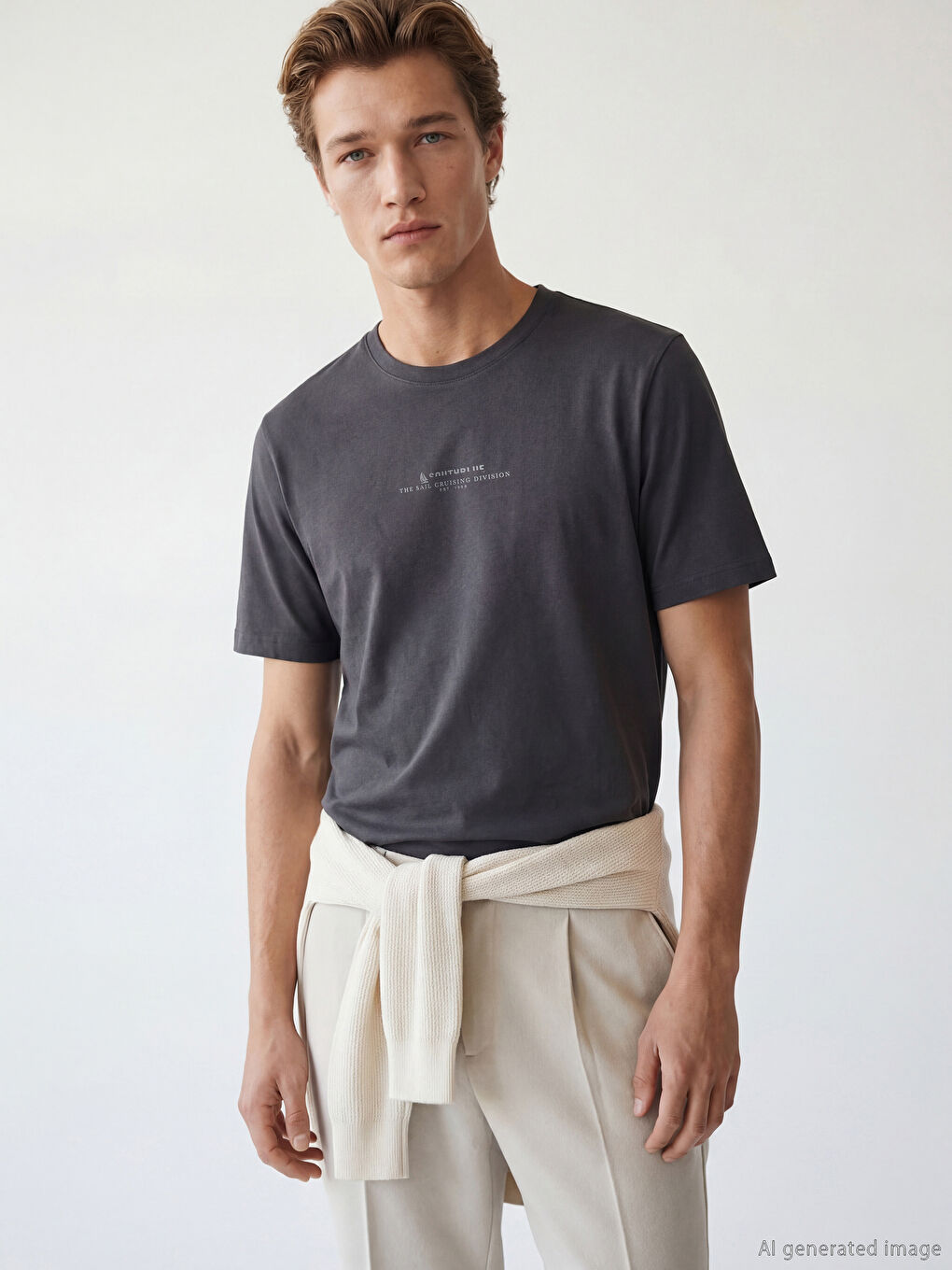 Antrasit Bisiklet Yaka Baskılı Penye Erkek Tişört