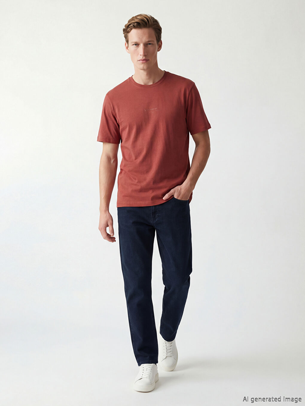 Kırmızı Bisiklet Yaka Baskılı Penye Erkek Tişört-1