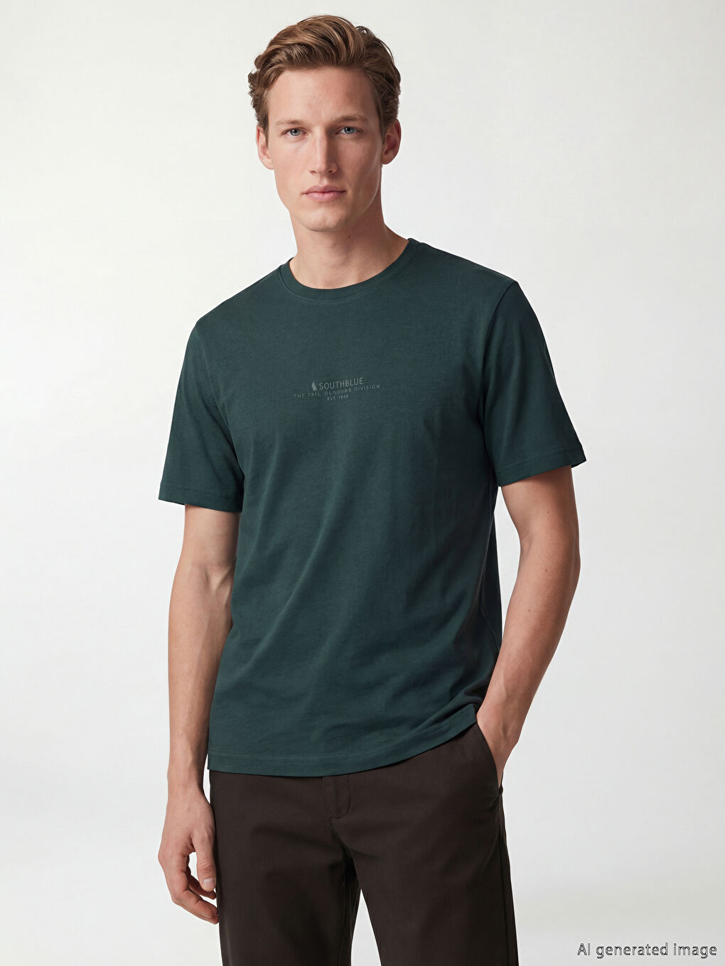 Yeşil Bisiklet Yaka Baskılı Penye Erkek Tişört