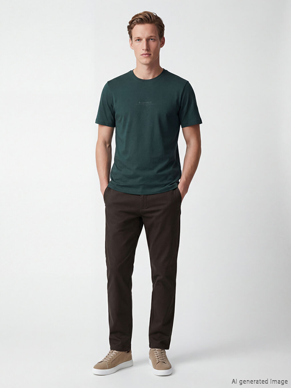 Yeşil Bisiklet Yaka Baskılı Penye Erkek Tişört-1