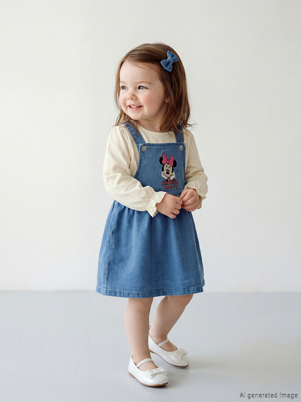 İndigo Minnie Mouse Nakışlı Kız Bebek Jean Salopet Elbise ve Tişört