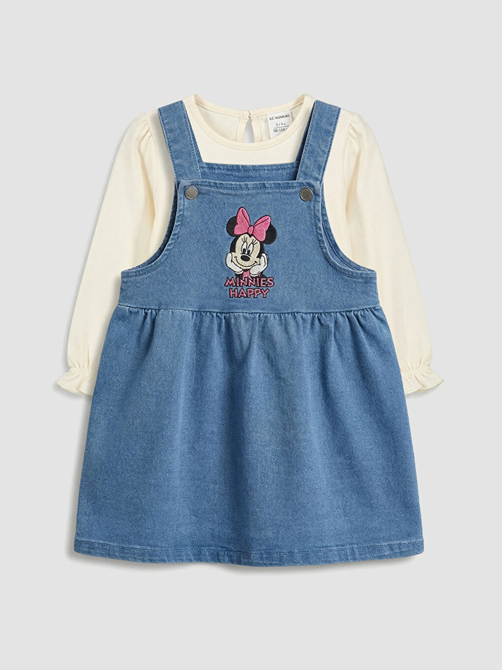 İndigo Minnie Mouse Nakışlı Kız Bebek Jean Salopet Elbise ve Tişört