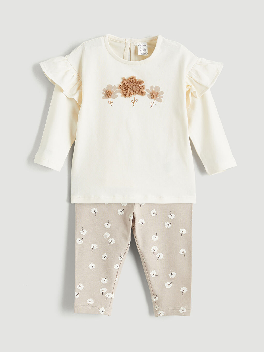 Ekru Çiçek Baskılı Kız Bebek Tişört ve Eşofman Alt Takım