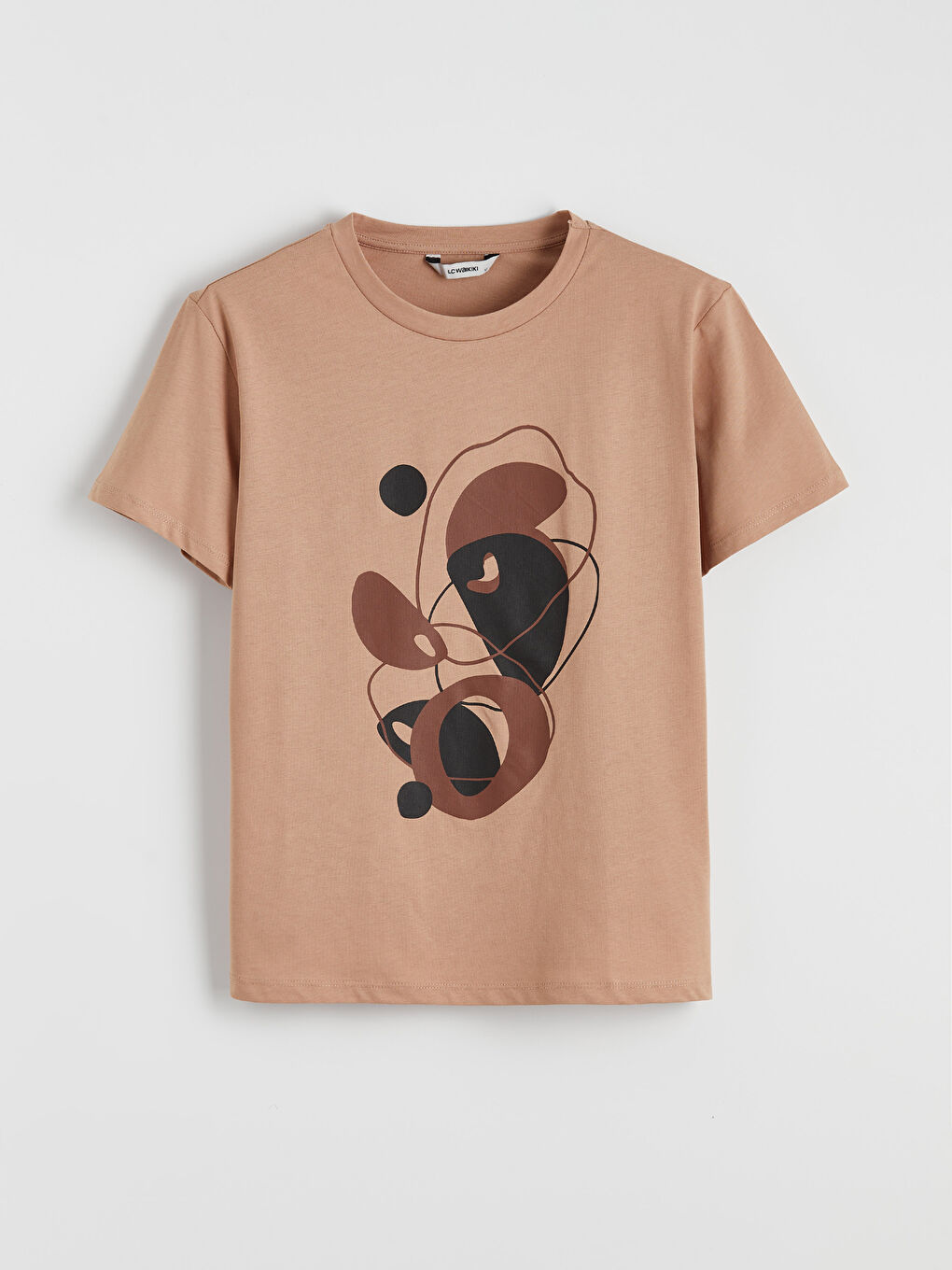 Kahverengi Bisiklet Yaka Baskılı Kadın Tişört