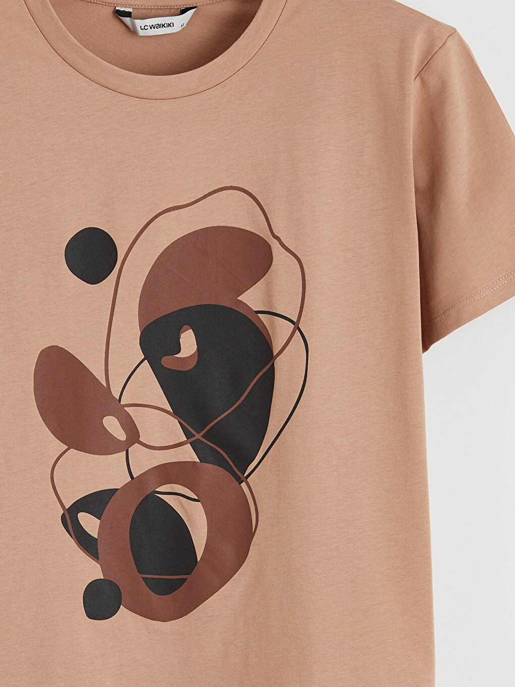 Kahverengi Bisiklet Yaka Baskılı Kadın Tişört-1
