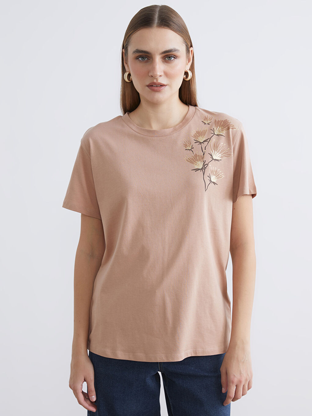 Kahverengi Bisiklet Yaka Çiçekli Bluz