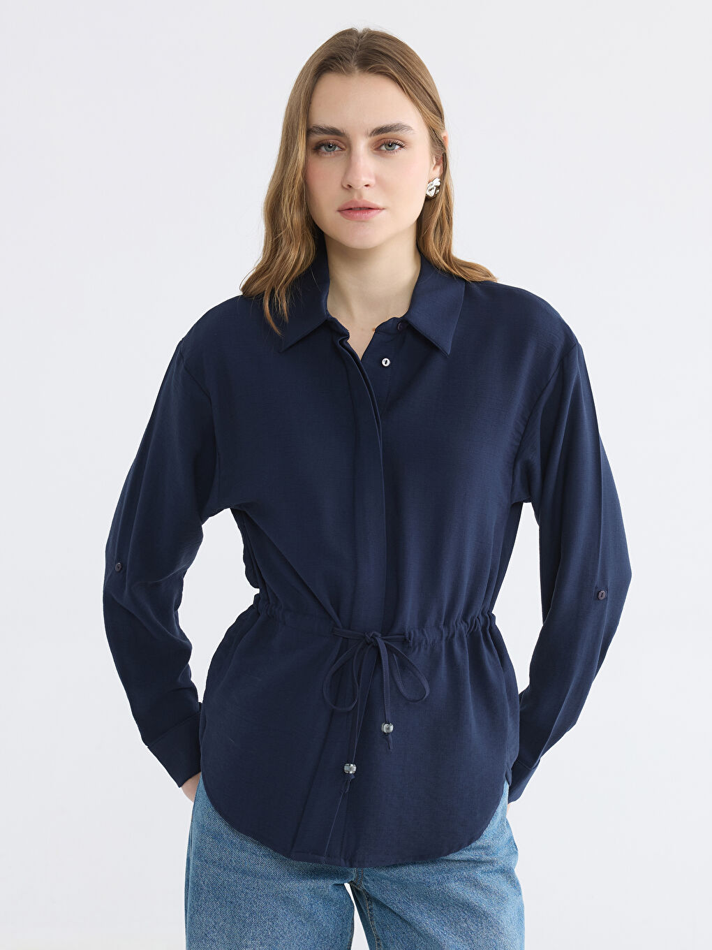 Lacivert Beli Büzgülü Kadın Gömlek