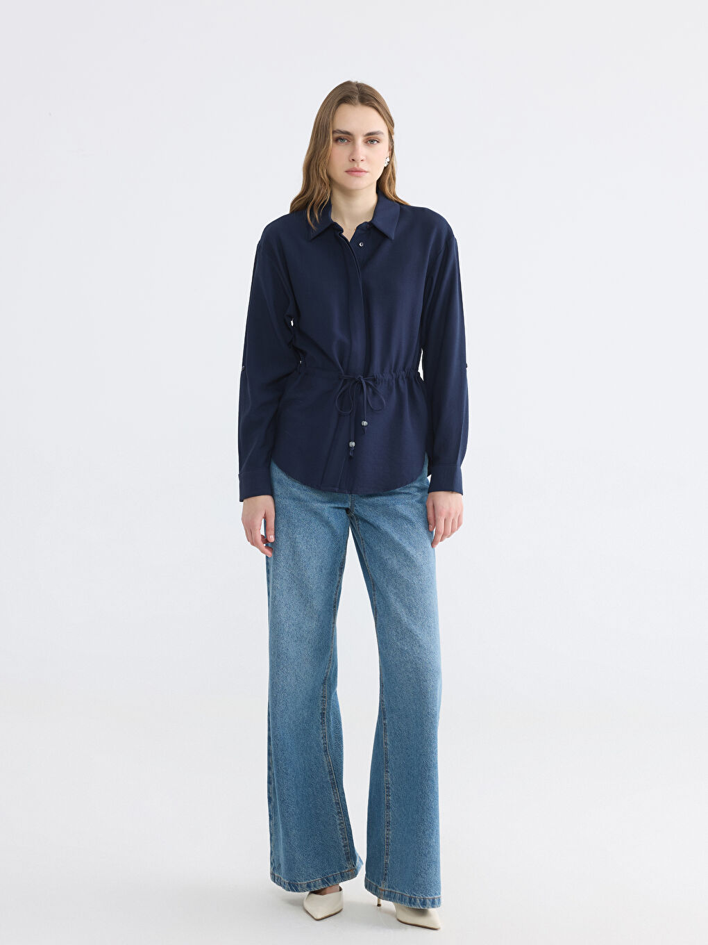 Lacivert Beli Büzgülü Kadın Gömlek-1