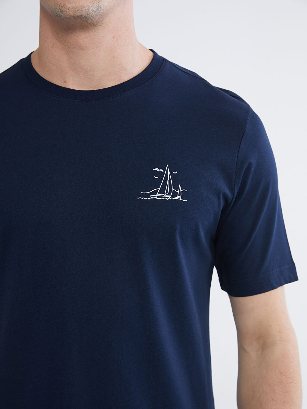 Lacivert Bisiklet Yaka Baskılı Penye Erkek Tişört-2