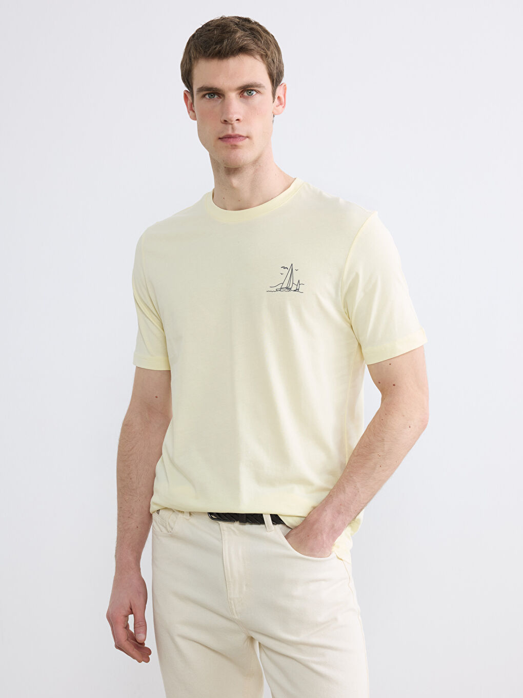 Sarı Bisiklet Yaka Baskılı Penye Erkek Tişört